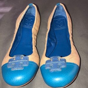 Blue and Tan Tory Burch Ballet Flats